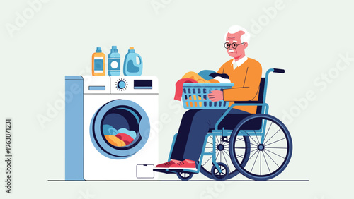 Senior man sitting in a wheelchair holding a full laundry basket while sitting next to a modern washing machine at home.