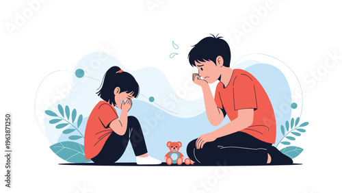 Two young siblings looking sad and crying while sitting on the floor next to a broken teddy bear in a simple room setting.