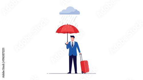 Professional businessman in a suit holding a red umbrella under a raining cloud while carrying a suitcase on a trip.