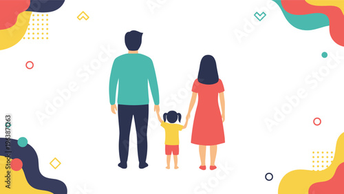 Back view of a family consisting of a father, mother, and small daughter holding hands on a colorful abstract background.