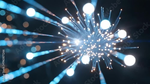 Digital Fiber Optics Explosion: A captivating display of digital fiber optic cables radiates outward from a central point, simulating the dynamic flow of data