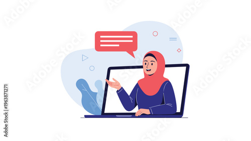 Young Muslim woman wearing a red hijab appearing on a laptop screen while giving a presentation or video call conference.