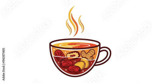 A cartoon-style glass mug filled with steaming herbal tea, jujubes, and ginger