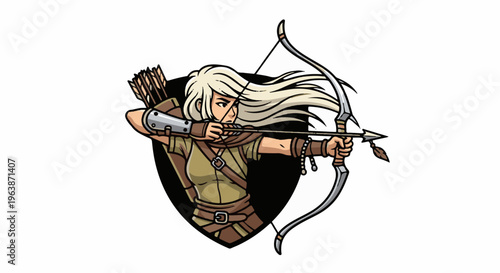 A cartoon-style female archer with blonde hair and traditional clothing aims bow