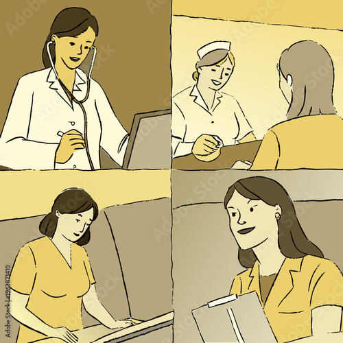 Set of flat vector illustrations depicting female medical professionals in various healthcare settings, performing ultrasound scans, consulting patients, and managing administrative clinic ... See Mor