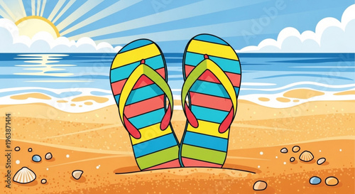 Colorful flip flops on a sunny beach with ocean view and pebbles