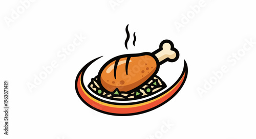 A cartoon-style illustration of a crispy fried chicken leg on a bed of rice and peas