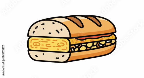 A cartoon-style illustration of a long sandwich filled with yellow cheese, fried eggs, and other ingredients