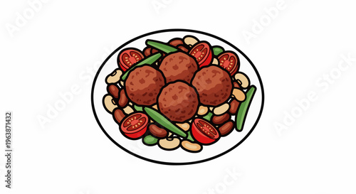 A cartoon-style image of a white oval plate filled with meatballs, beans, tomatoes, and green beans