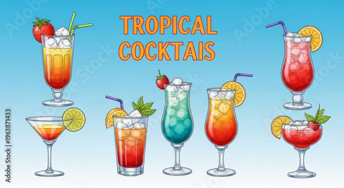 Eight tropical cocktails with straws and fruit on a blue gradient background