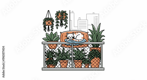A cat naps peacefully on a balcony filled with potted plants