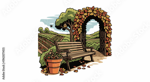 A charming autumn garden scene with a bench and a leafy archway