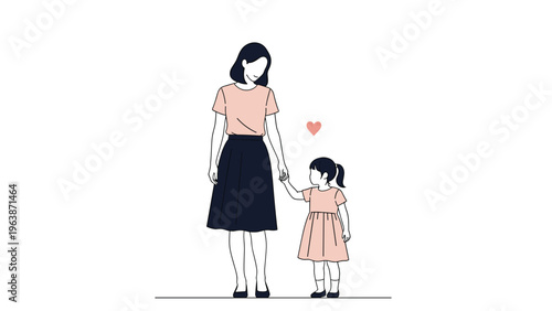 Simple illustration of a mother and her young daughter holding hands with a small red heart symbol floating between them.