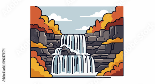 A cascading waterfall plunges over layered rocks amidst vibrant autumn foliage