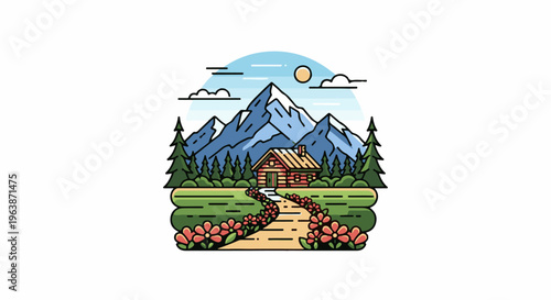 A charming cabin nestled amidst mountains, surrounded by trees and a floral path