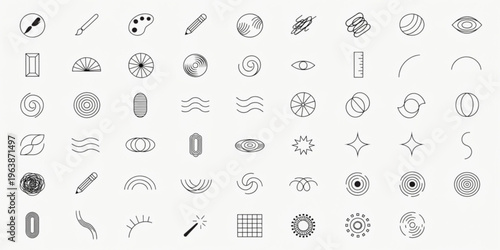 Minimalist vector line art icon collection featuring diverse abstract, geometric, and organic graphic elements for modern design projects and digital assets