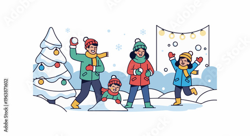 A cheerful family enjoys a snowball fight near a decorated Christmas tree