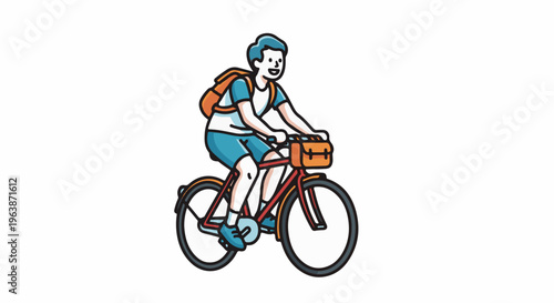 A cheerful person with blue hair rides a red bicycle with a backpack and basket