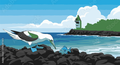 A bird and fish on a rocky shore with a lighthouse in the distance