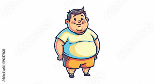 A cheerful, plump cartoon boy stands with his hands in his pockets