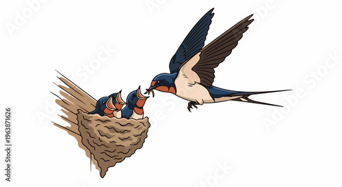 A bird feeding its young in a nest