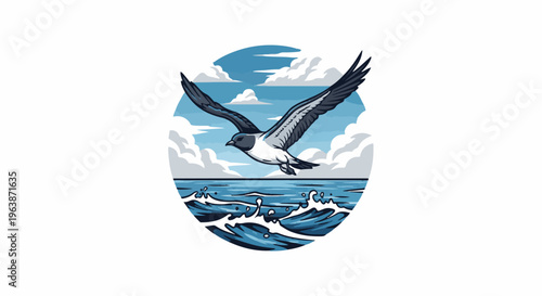 A bird soars gracefully over choppy ocean waves under a cloudy sky