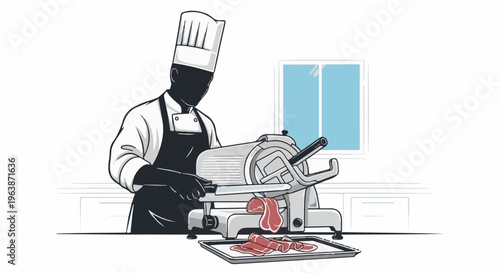 A chef in uniform uses a meat slicer to cut meat in a kitchen