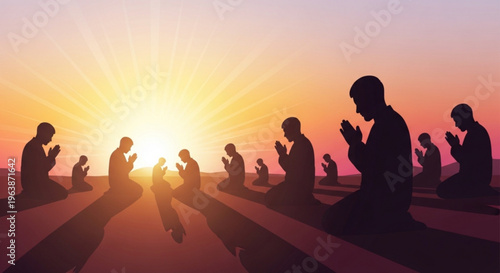 Silhouette of people praying together at sunset islamic prayer serene and peaceful atmosphere spiritual gathering worship devotion faith religion people sunset background