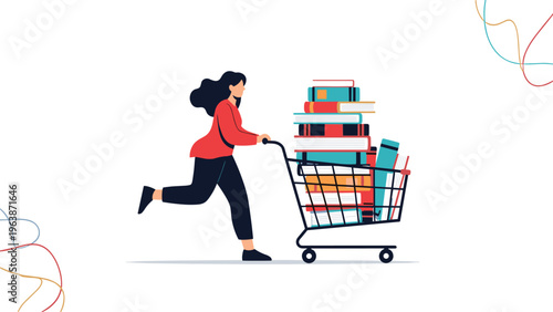 Young woman running excitedly while pushing a shopping cart overflowing with a large stack of various colorful books.