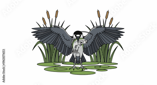 A bird with outstretched wings holds a fish in its beak amidst reeds