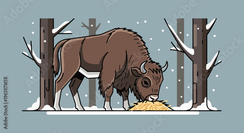 A bison grazes on hay in a snowy forest setting