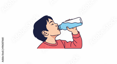 A child drinks water from a bottle on a white background