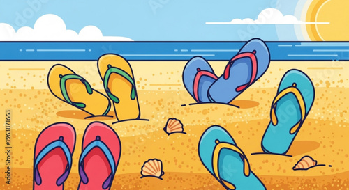 Colorful flip flops scattered on sandy beach with seashells sunny sky and ocean