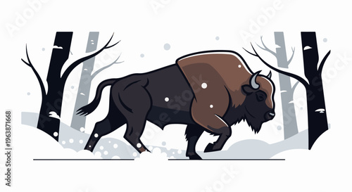 A bison walks through a snowy forest with bare trees