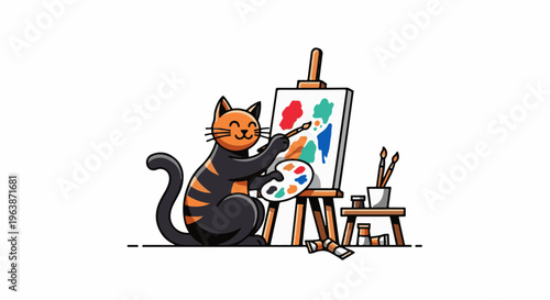 A black and orange striped cat happily paints on an easel with colorful paints