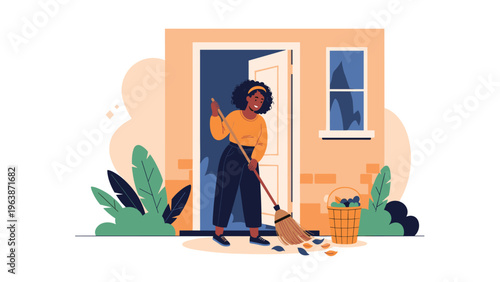 Young woman with curly hair sweeping autumn leaves away from the front door of a house with a wicker basket nearby.