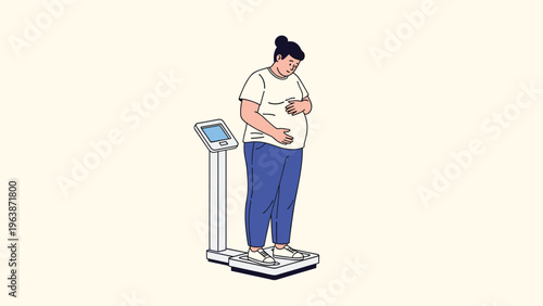 Pregnant woman standing on a modern medical scale and checking her weight during a prenatal health checkup.