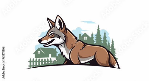 Cartoon coyote lurking near houses and trees in a stylized landscape