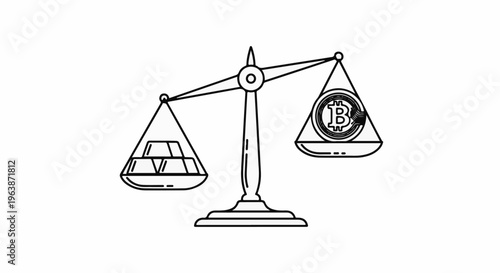 A black and white illustration of a balance scale comparing gold bars and a cryptocurrency coin