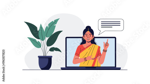 Indian woman wearing a traditional yellow and red sari appearing on a laptop screen giving a presentation or tutorial.