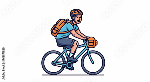Cartoon cyclist with orange backpack and helmet rides a bicycle