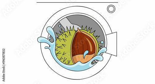 Cartoon dryer drum with a half-opened spiky chestnut and splashing water