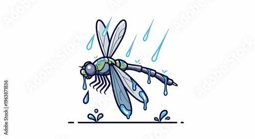 Cartoon dragonfly drenched in rain with water droplets