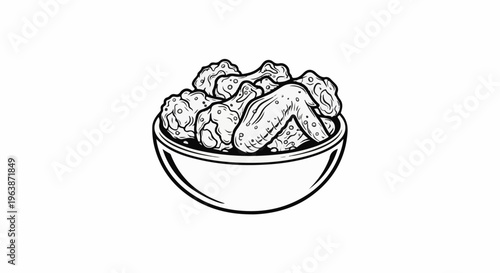 A black and white illustration of a bowl overflowing with fried chicken wings