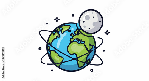 Cartoon Earth and Moon with orbital paths and stars