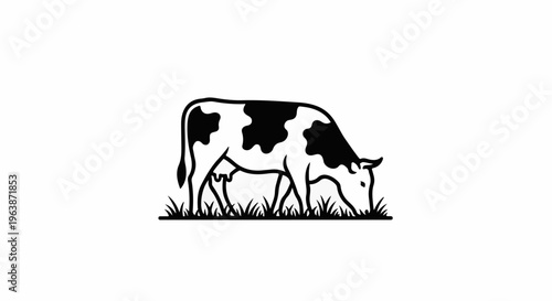 A black and white illustration of a cow grazing on grass