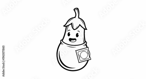 Cartoon eggplant character wearing a condom