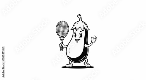 Cartoon eggplant character holding a tennis racket and waving