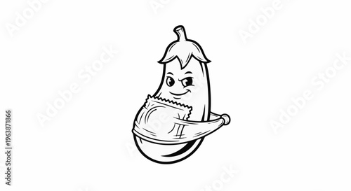Cartoon eggplant character wearing a sock with a mischievous grin