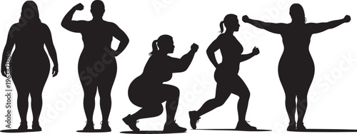 Group of women in silhouette demonstrating various fitness poses, weight loss journey